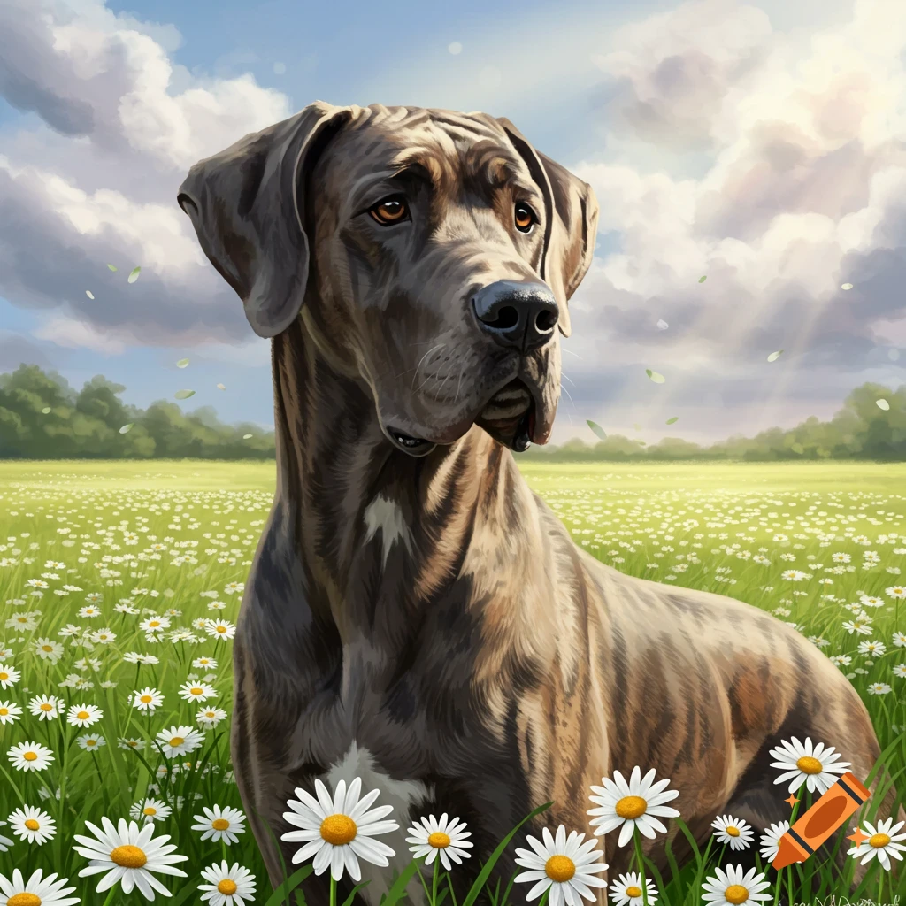 A Great Dane dog sitting in a field of white daisy flowers under a cloudy sky.