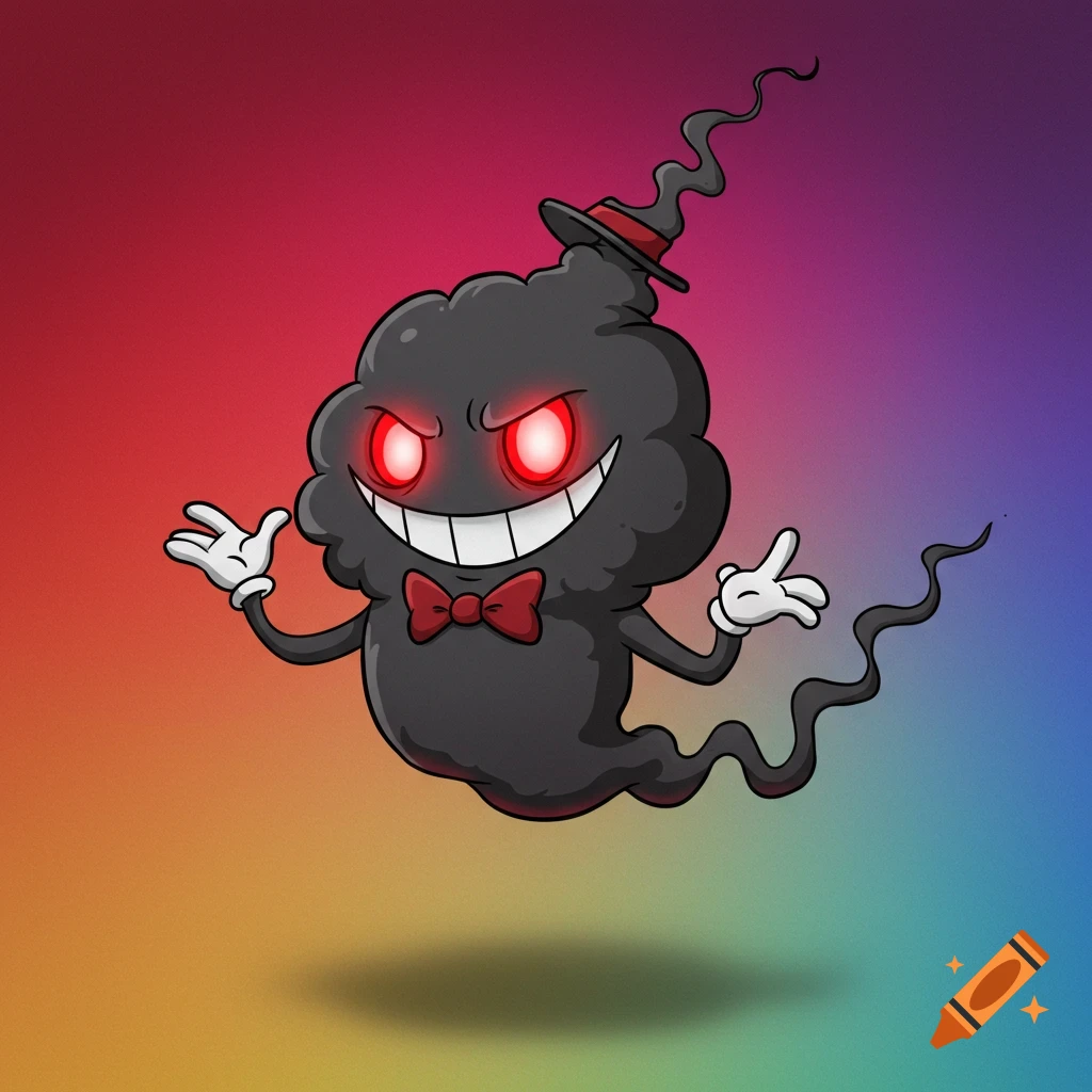 Cartoon character smoke monster with glowing red eyes, hat, and bow tie
