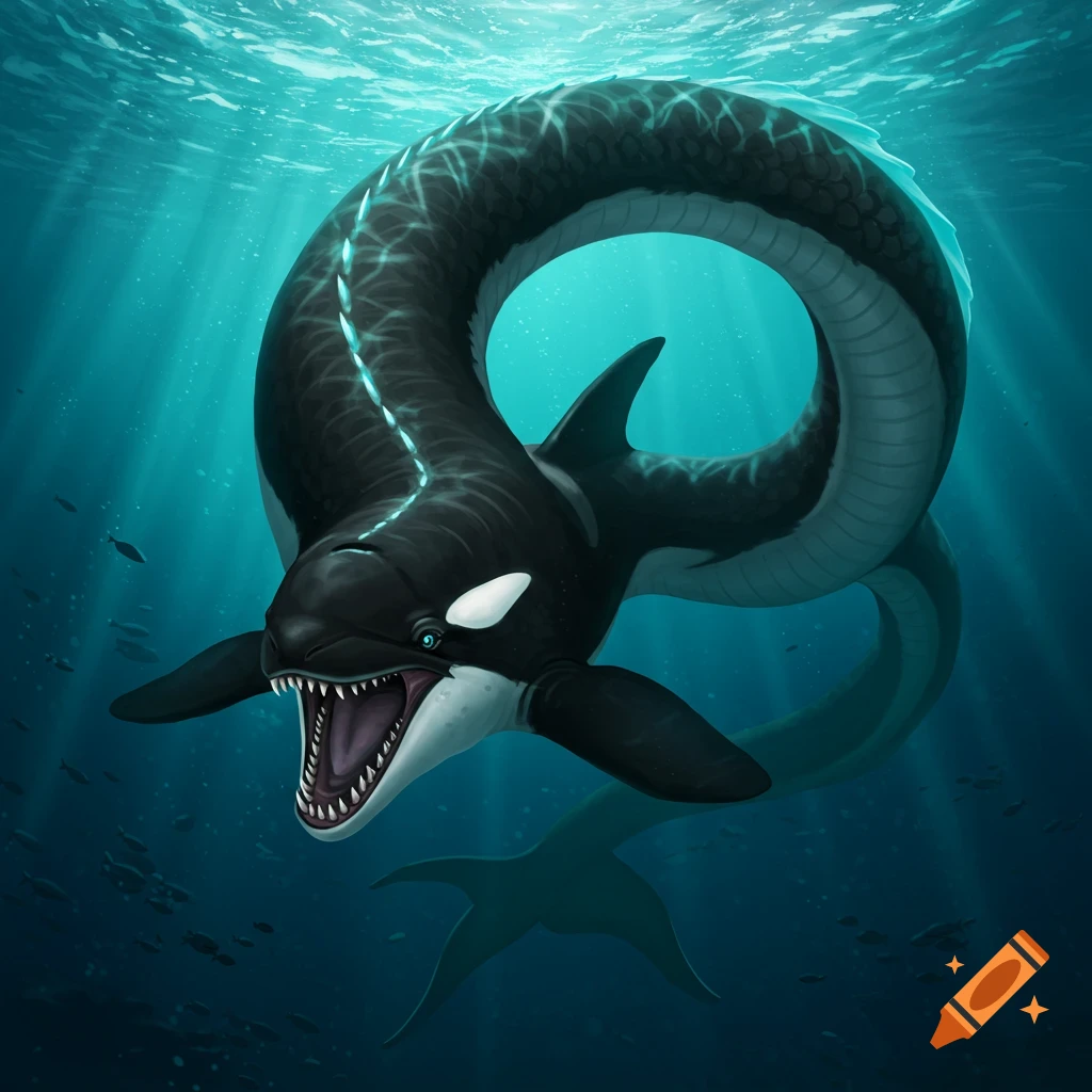 a snake orca hybrid creature swimming underwater