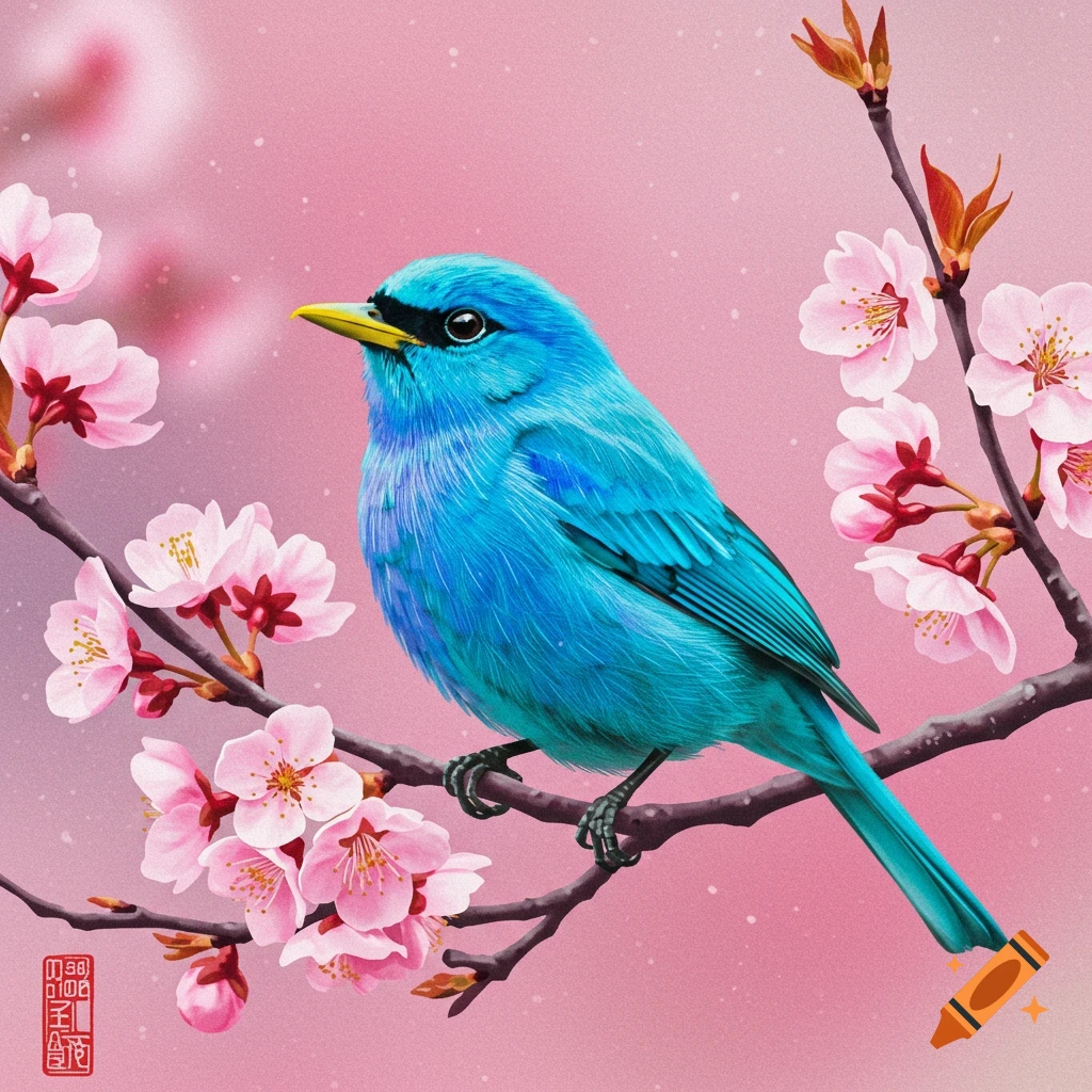 A bright blue bird perched on a cherry blossom branch with pink flowers.