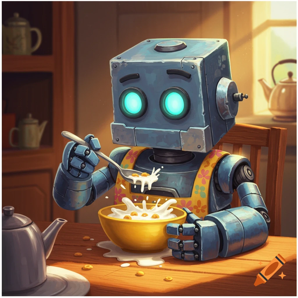A cute robot in an apron sits at a table eating a bowl of cereal with milk.