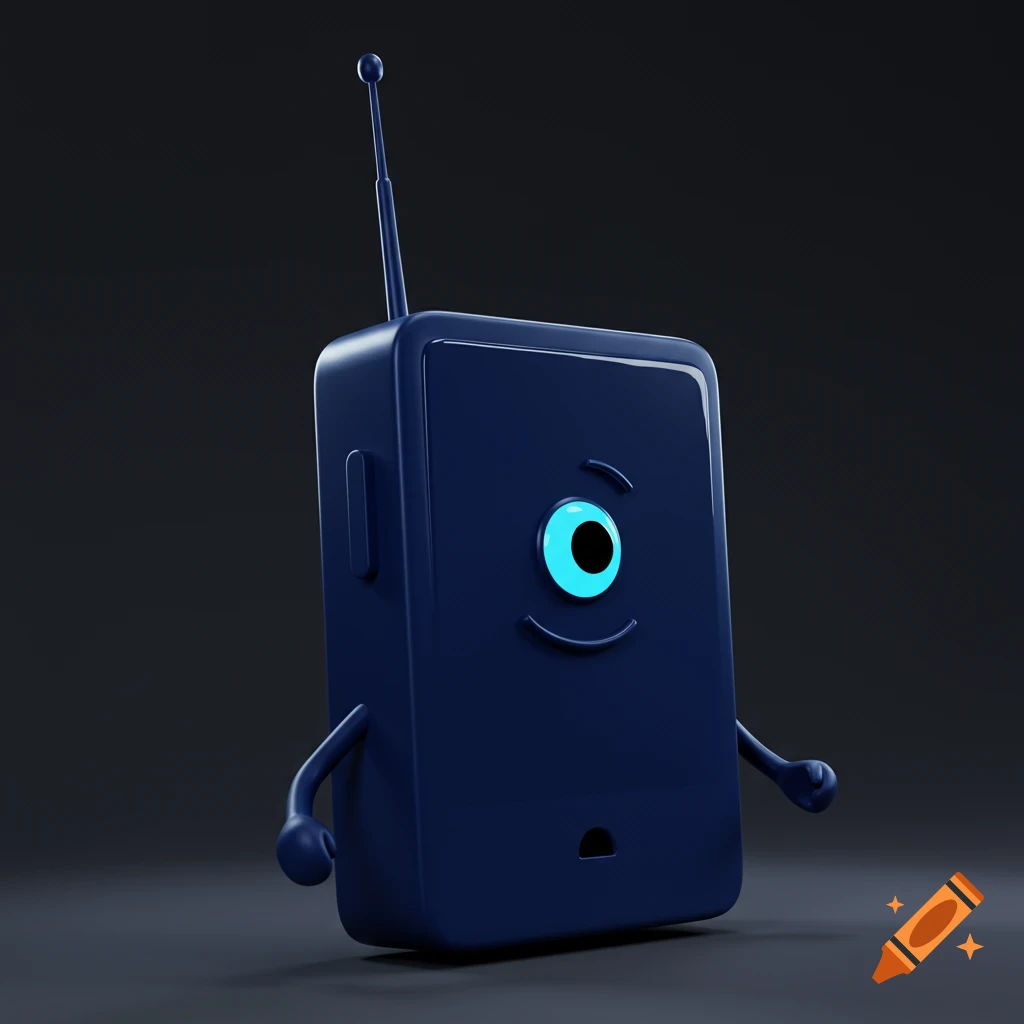 A dark blue rectangular character with an antenna, arms, and a smiling face with a single bright blue eye, rendered in 3D.