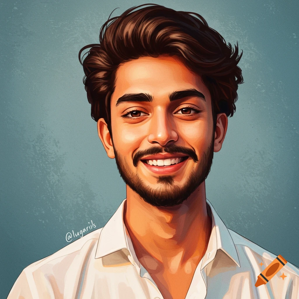Portrait of a smiling man with a beard and mustache, wearing a white shirt, against a textured blue background.
