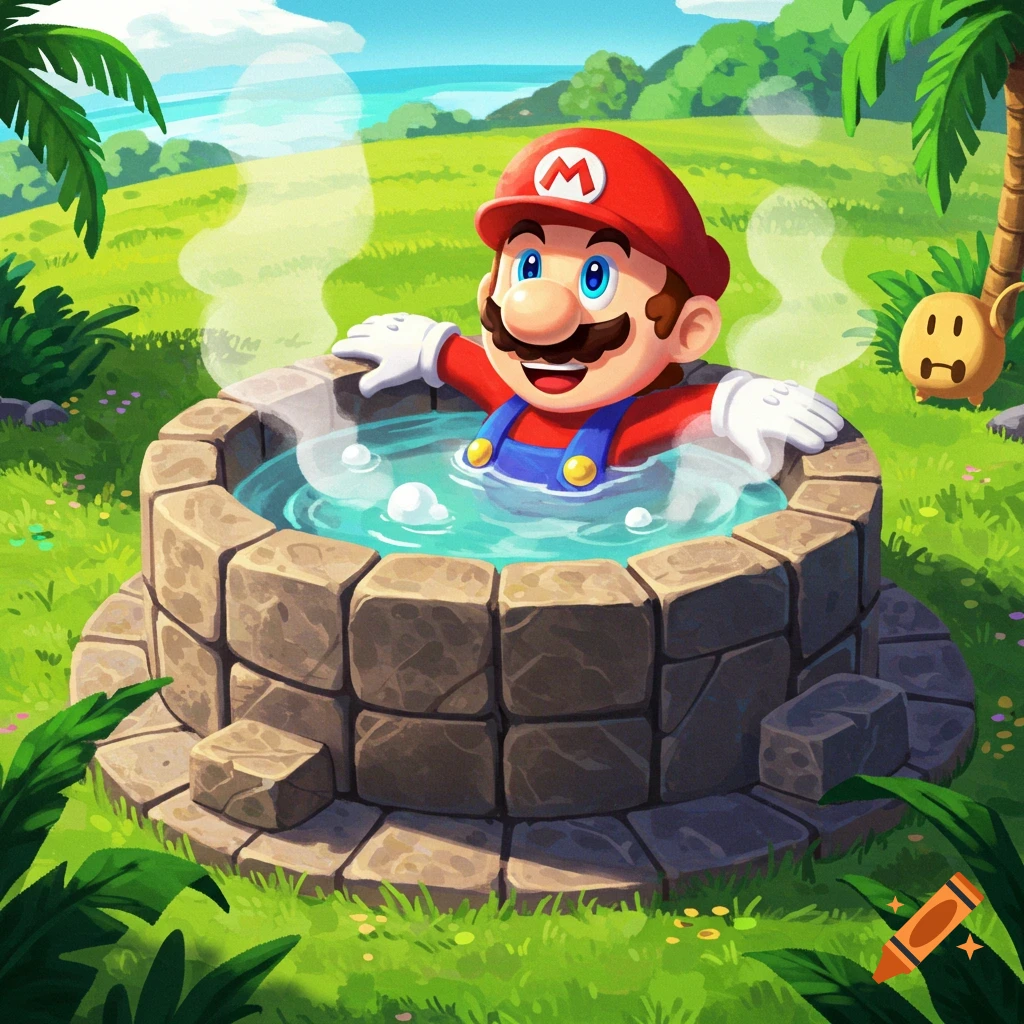 Super Mario relaxing in a stone well hot tub in a grassy landscape, with a Goomba character nearby.