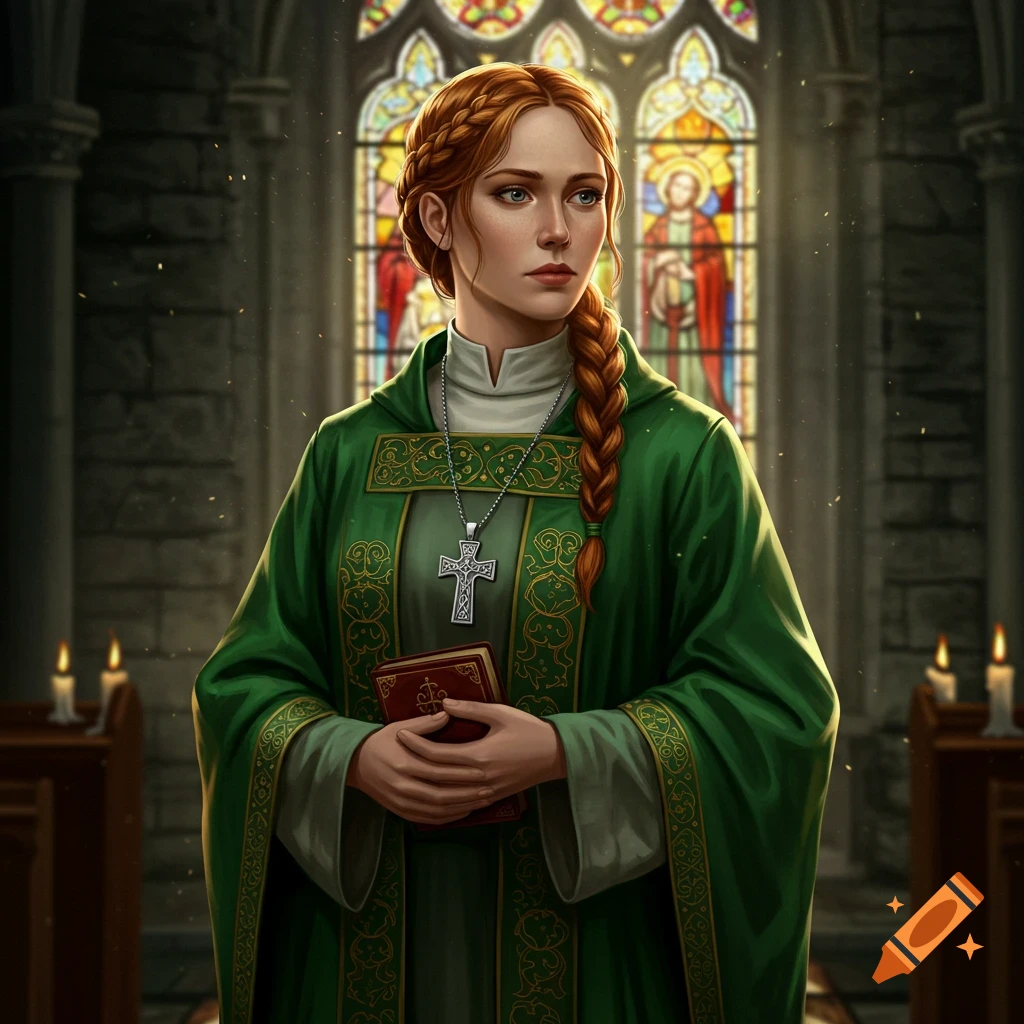 A red-haired female cleric in a green robe holding a book in a church