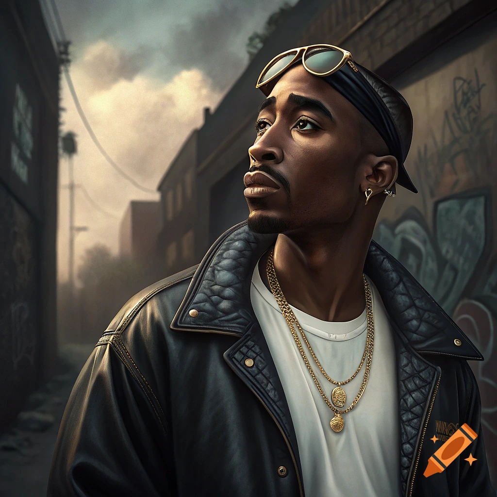 Portrait of a man resembling Tupac Shakur in a leather jacket, bandana, and sunglasses in an urban alley with graffiti.