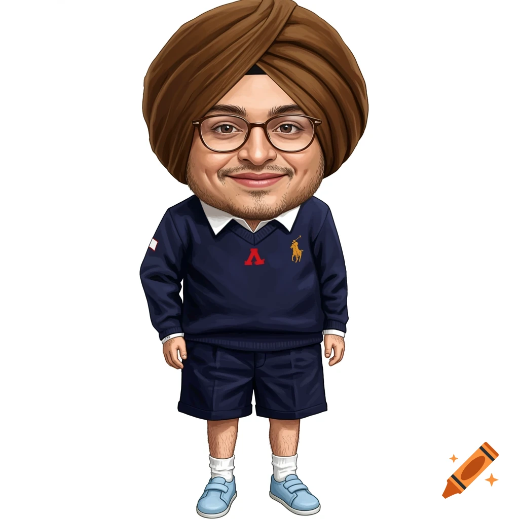 Caricature of a boy in a turban, glasses, blue sweater, shorts, and shoes.