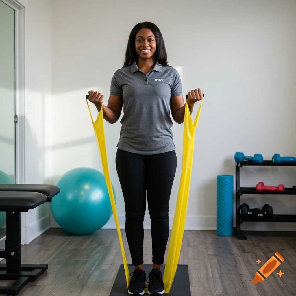 Black woman physical therapist stretching yellow resistance band in clinic.