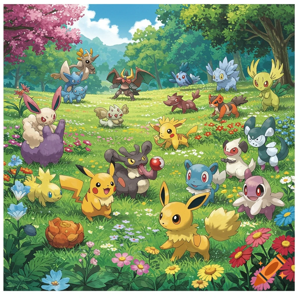 Illustration of various Pokemon characters in a vibrant meadow filled with flowers.