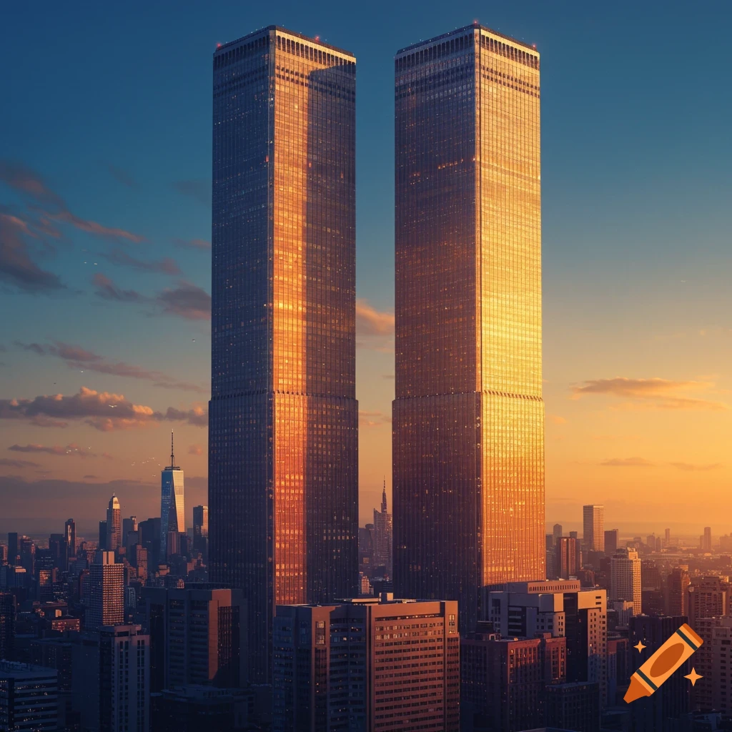 Twin skyscrapers resembling the Twin Towers over a city at sunset