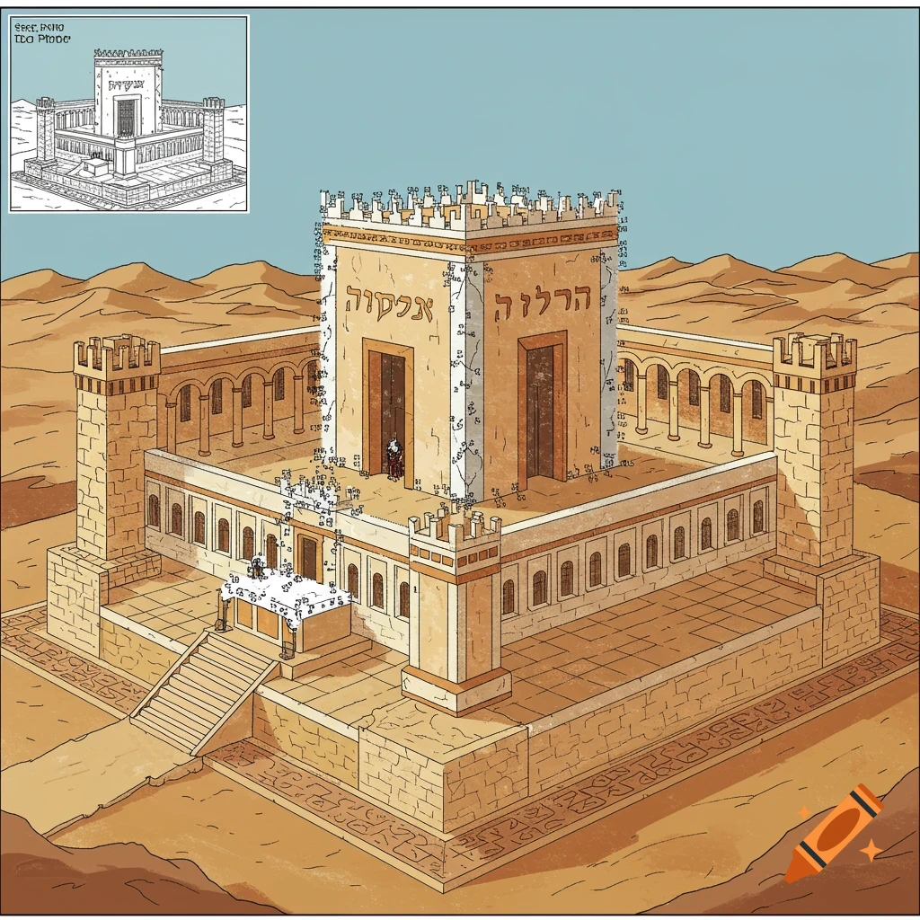 Cartoon illustration of a temple in a desert, designed as a dot-to-dot puzzle with numbers and Hebrew text.