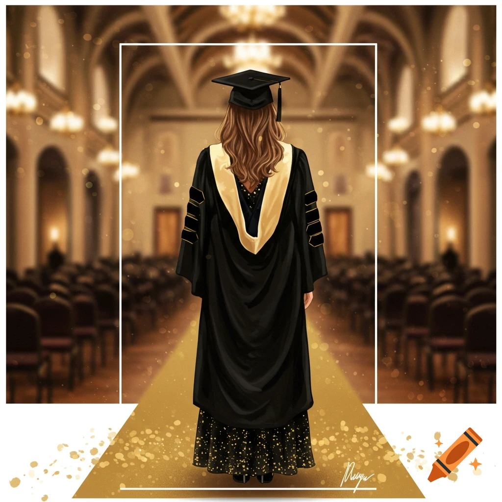 A woman in a black graduation gown and cap walks down a gold-carpeted aisle in a grand hall.