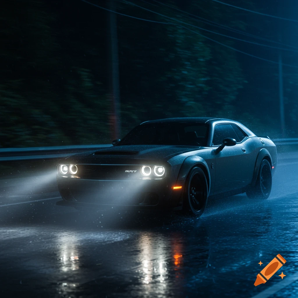 Black Dodge Challenger driving on a wet road at night with headlights on