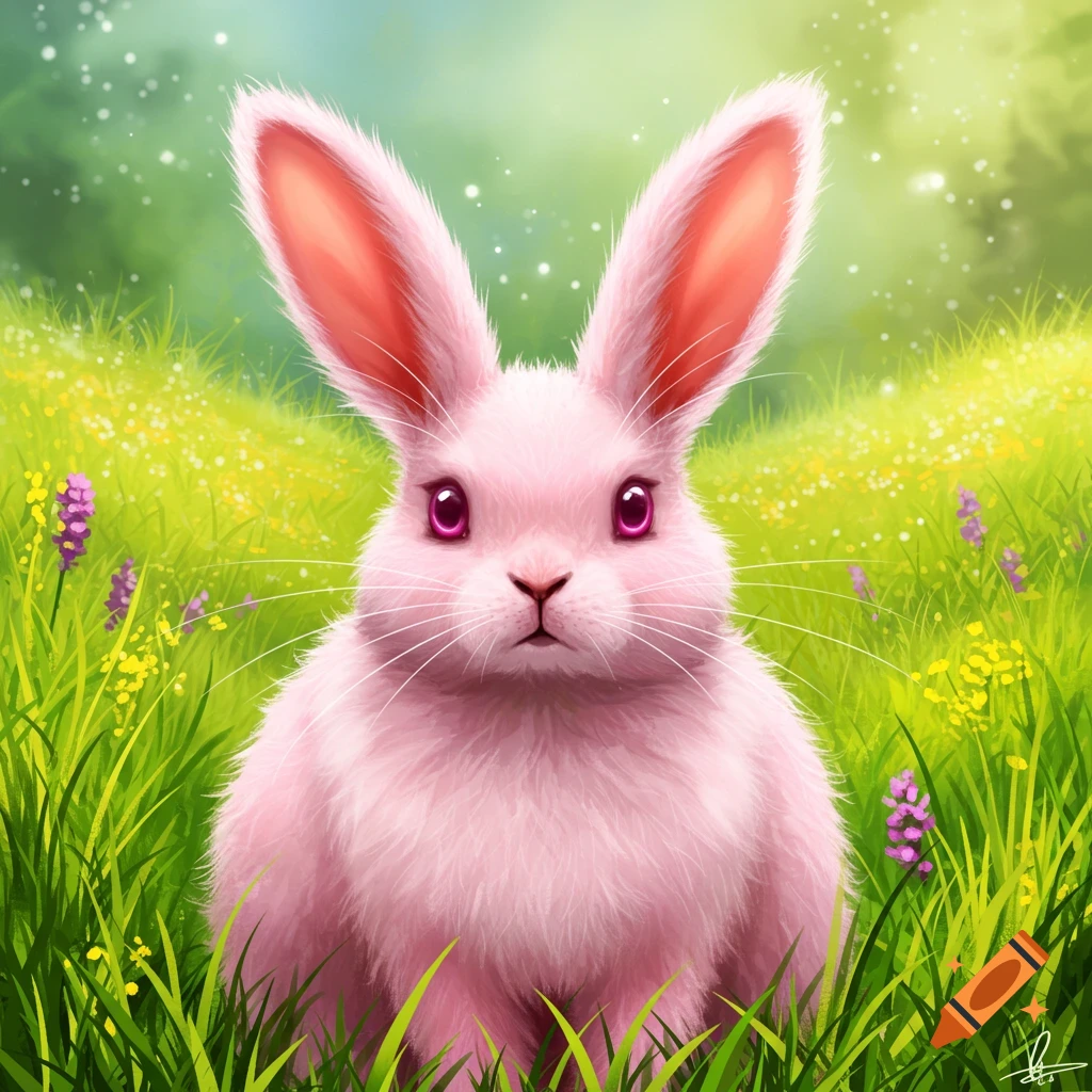 A pink bunny sits in a grassy field with flowers.