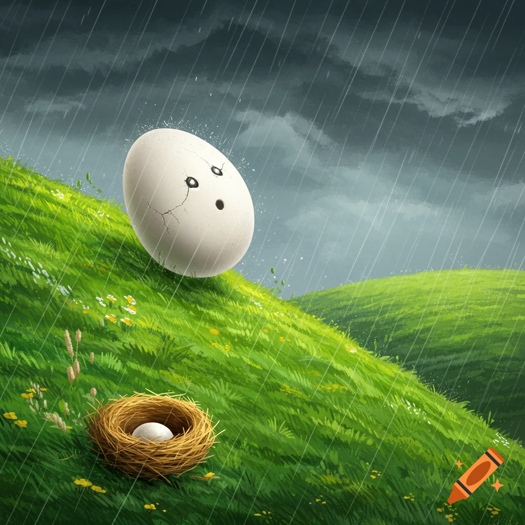 A shocked cartoon egg rolls down a green hill towards a nest in the rain.