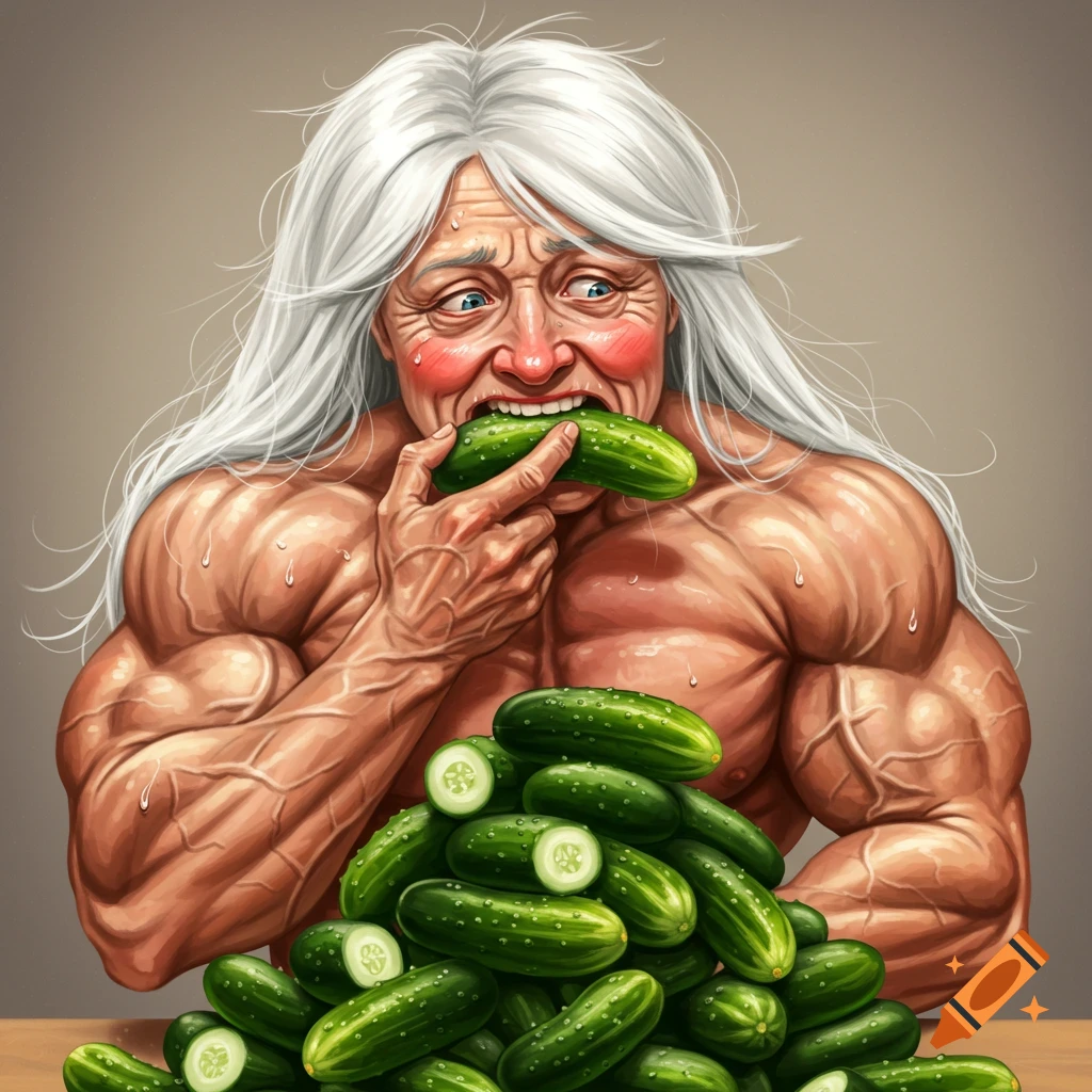 Illustration of a very muscular older woman with white hair eating a cucumber from a large pile.