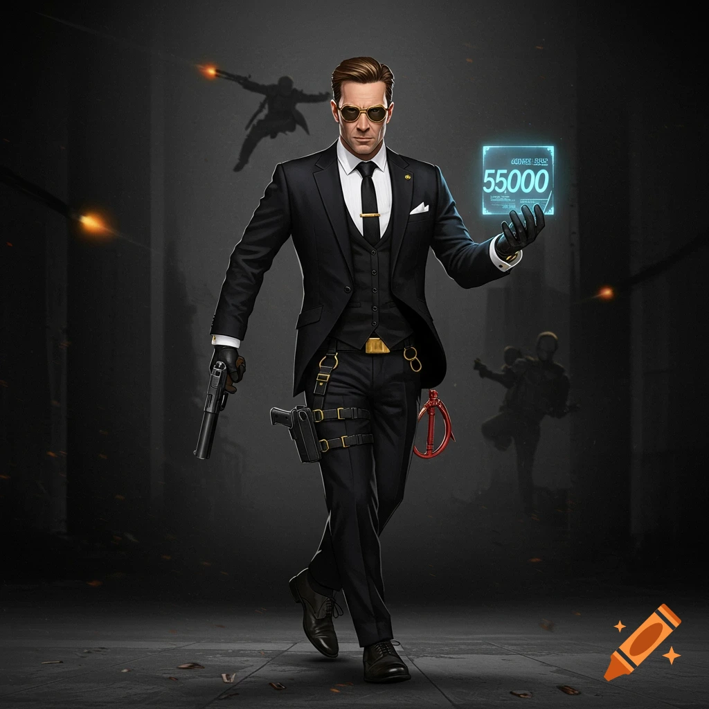 Suave man in black suit and sunglasses holds a gun and glowing holographic screen with blurry action figures in the background.