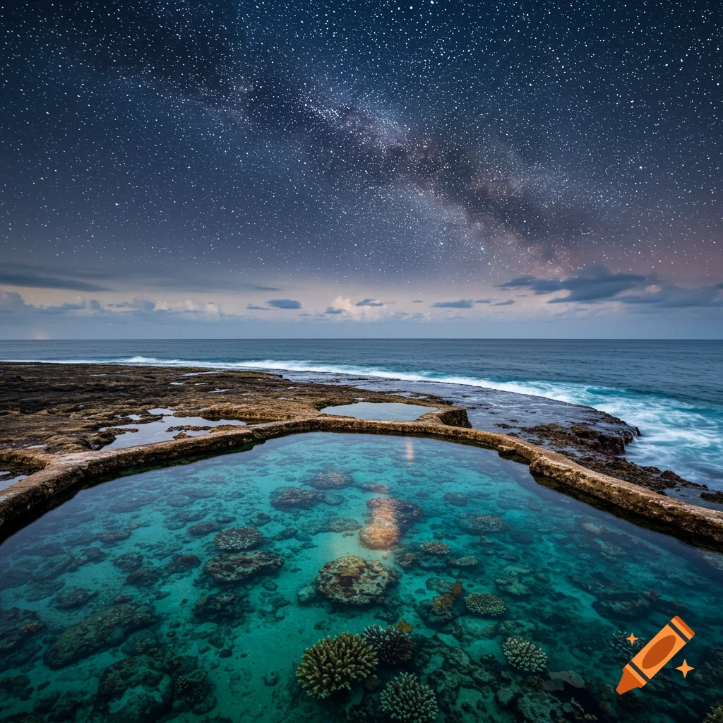 Milky Way over tidal pools on a rocky tropical shore with waves breaking on the reef.
