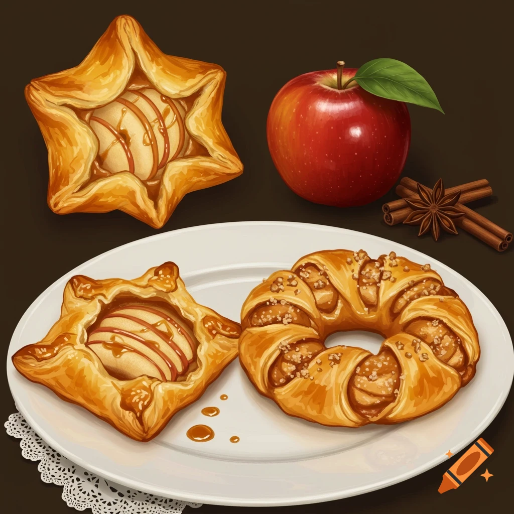 Star and ring-shaped apple pastries with caramel drizzle are on a plate, next to a red apple and cinnamon sticks.