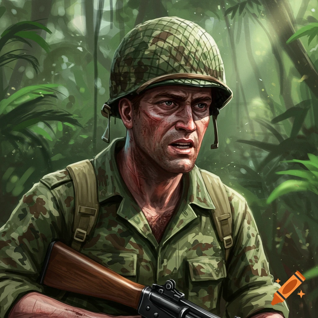 A soldier in camouflage uniform and helmet in a jungle.