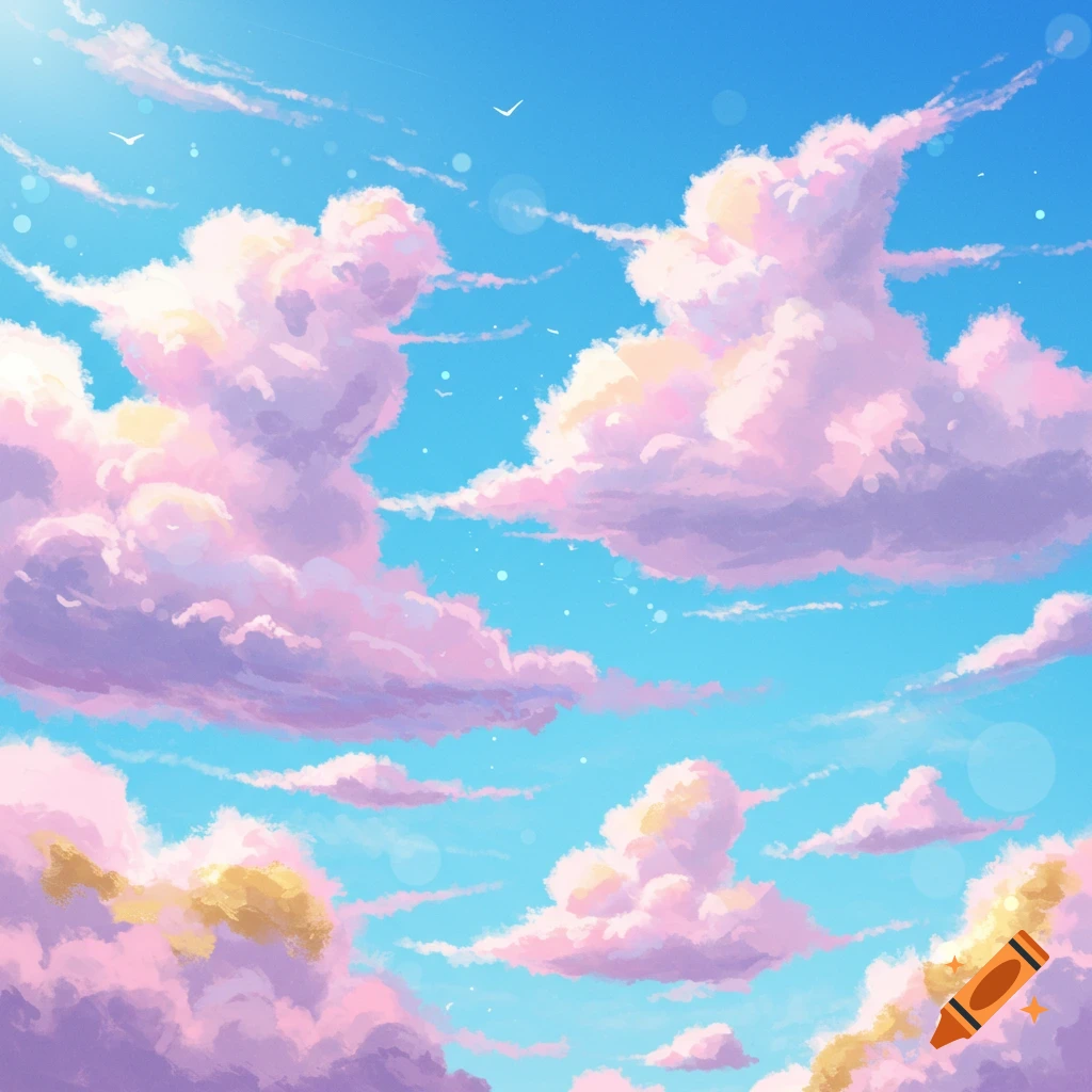 Pink and purple storybook clouds in a blue sky.