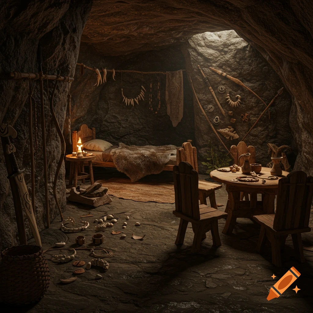 A cozy cave interior furnished with a bed, table, chairs, and primitive tools.