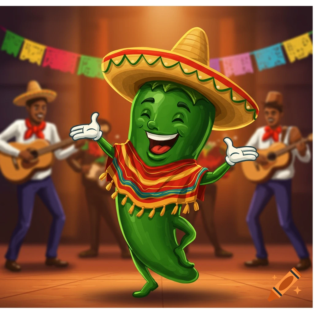 Cartoon jalapeno pepper wearing a sombrero and poncho dances on a stage.
