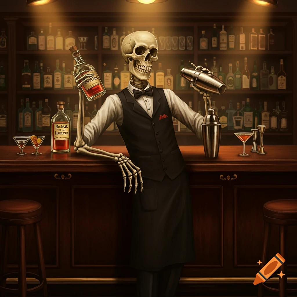 A skeleton bartender is holding a bottle and shaker behind a bar.