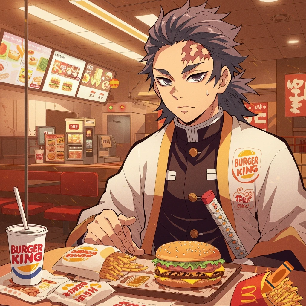 A character from Demon Slayer sits at a Burger King table with a burger, fries, and drink in anime style.