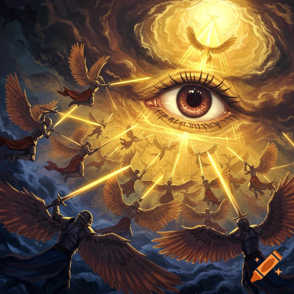 A giant eye in a stormy sky is being attacked by many winged angels with glowing swords.