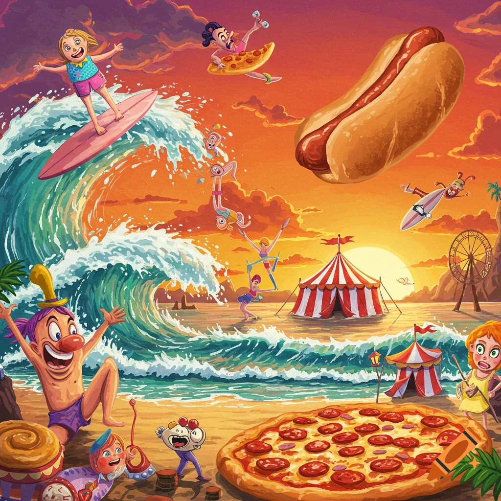 Surreal cartoon beach scene with surfing, circus tents, giant hot dog and pizza, and stylized characters.