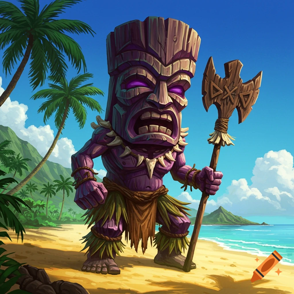 A purple tiki god stands on a beach, holding an axe, with palm trees in the background.