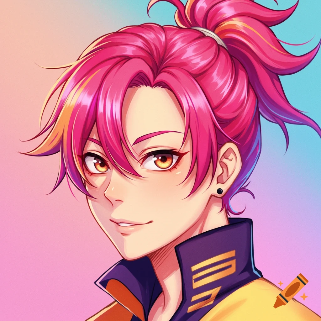 Anime boy with pink and orange hair in a ponytail wearing a yellow and purple jacket.