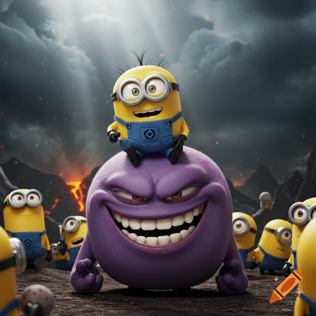 A yellow Minion sits on a large purple monster with a wide grin, surrounded by other Minions in a dark, volcanic landscape.