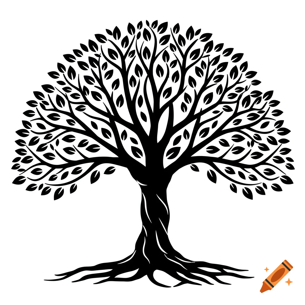A black and white line art illustration of a tree with roots and many leaves.