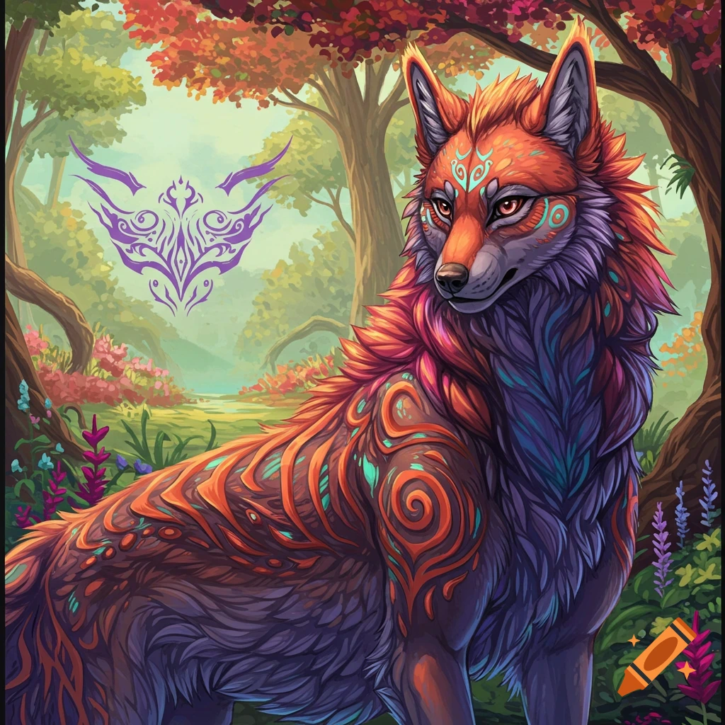 A colorful, stylized wolf character with intricate patterns on its fur, standing in a forest.