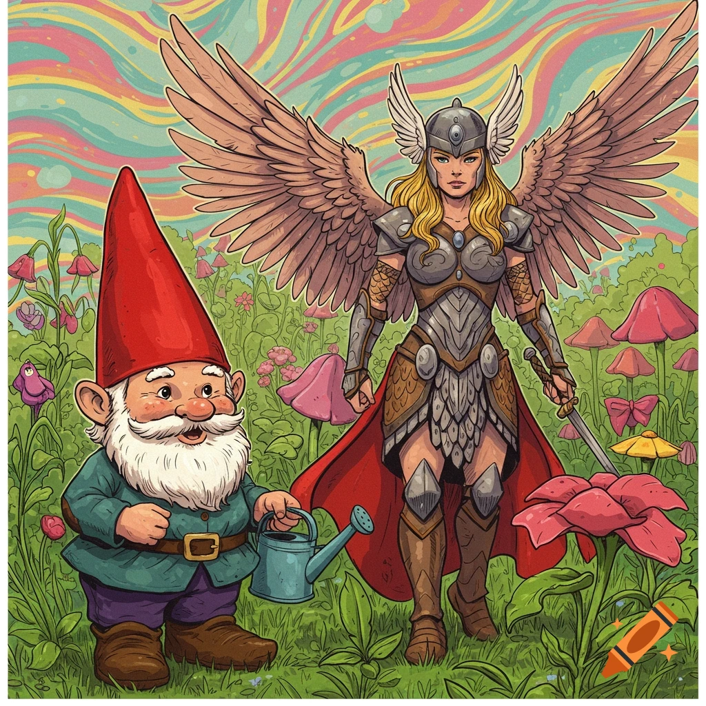 A garden gnome watering flowers next to a Valkyrie in armor, in a colorful, illustrative style.
