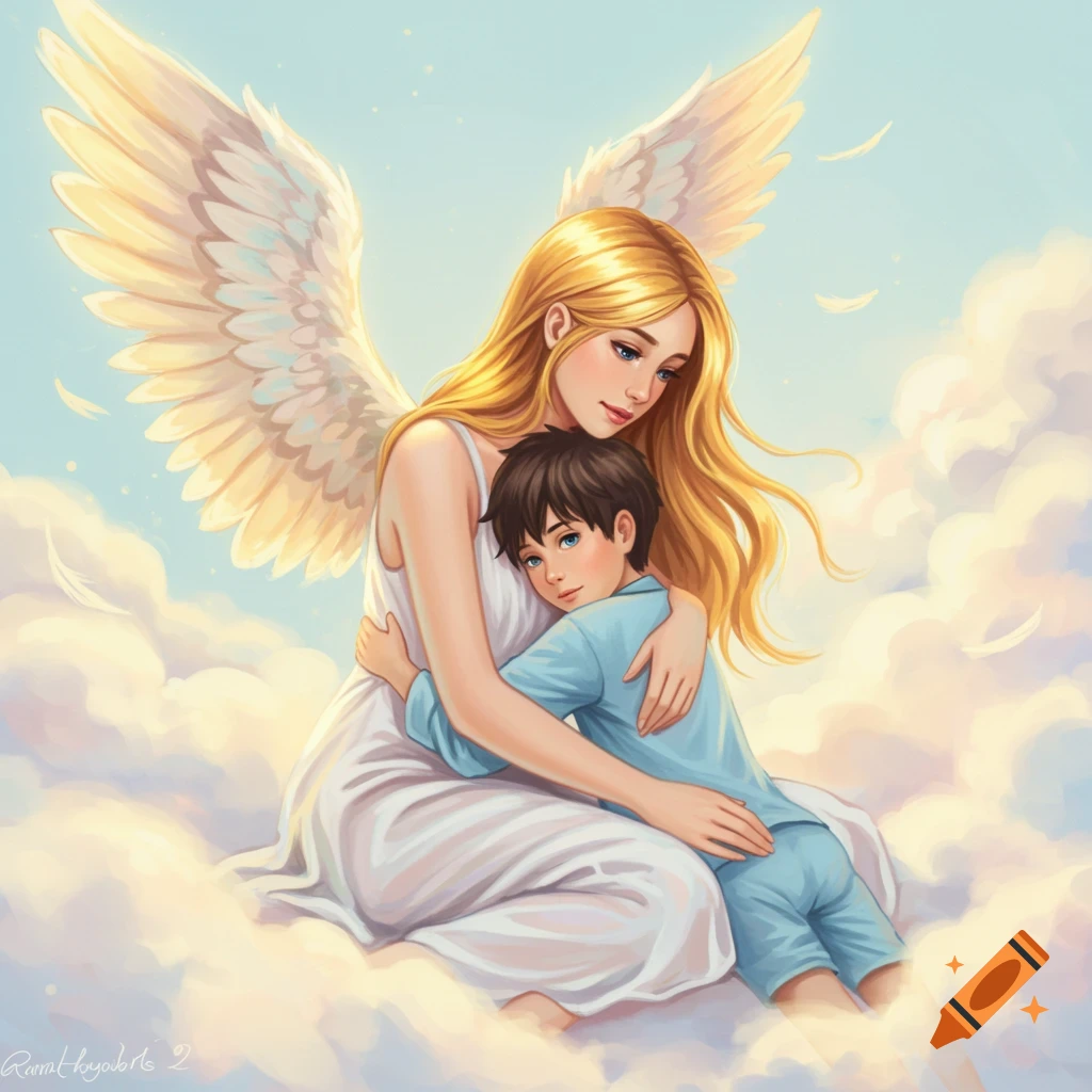An angel with golden hair and wings hugs a boy while sitting on clouds.