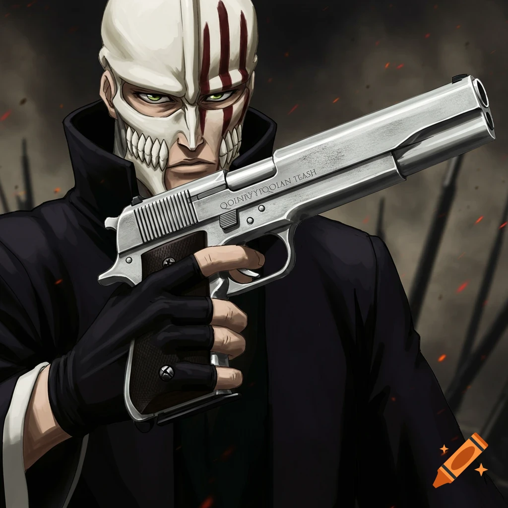 Anime style portrait of a masked character from Bleach holding a silver pistol.