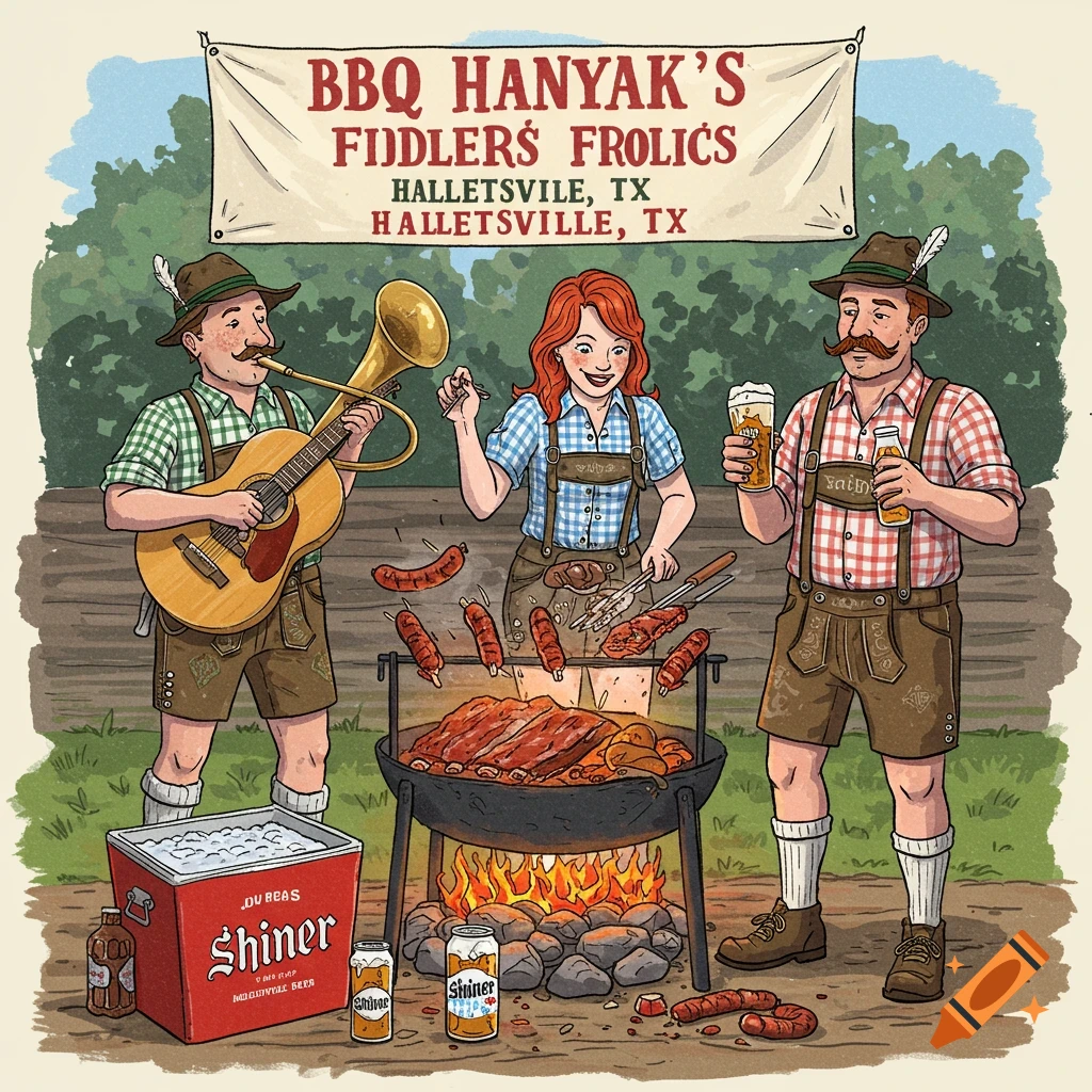 People in lederhosen playing music and cooking at a BBQ with beer, under a banner.