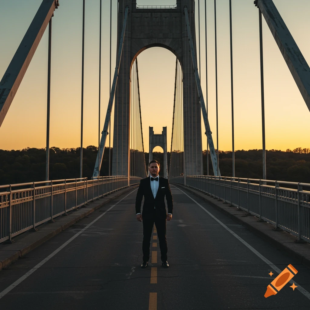 A man in a tuxedo stands on a bridge at sunset