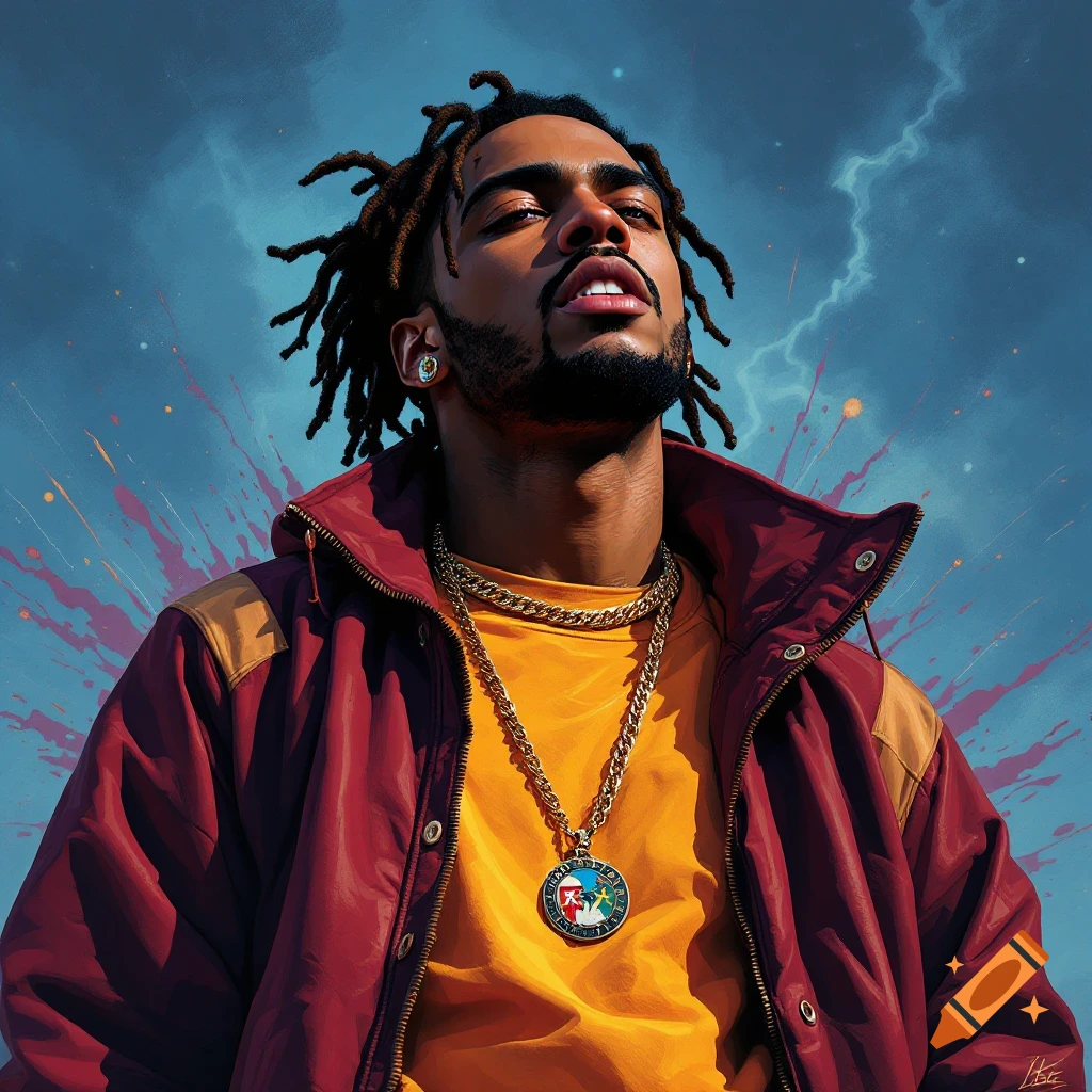 A man with dreadlocks, beard, red jacket, and gold chain is looking up against a dramatic sky.