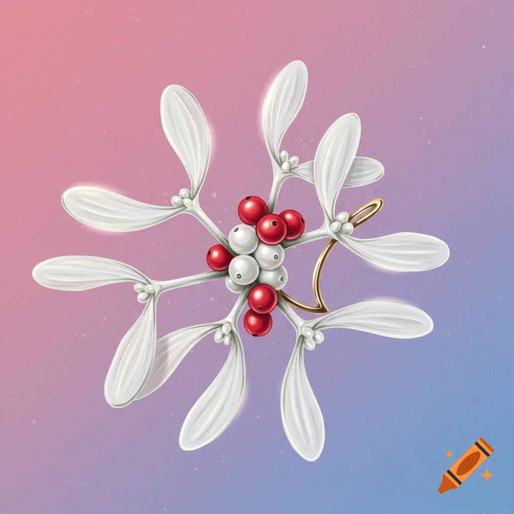 A mistletoe sprig with white leaves, red and white berries, and a golden loop on a gradient background.