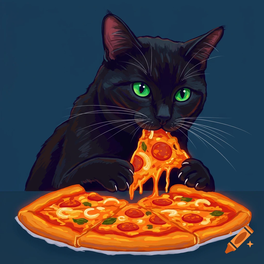 A black cat eating a glowing slice of pizza.