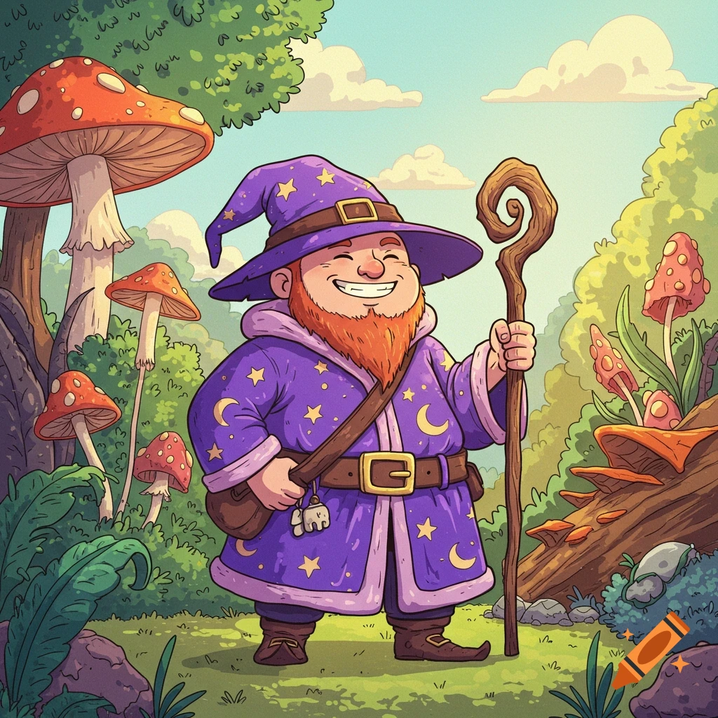 A cartoon wizard stands smiling in a forest with mushrooms, holding a staff.
