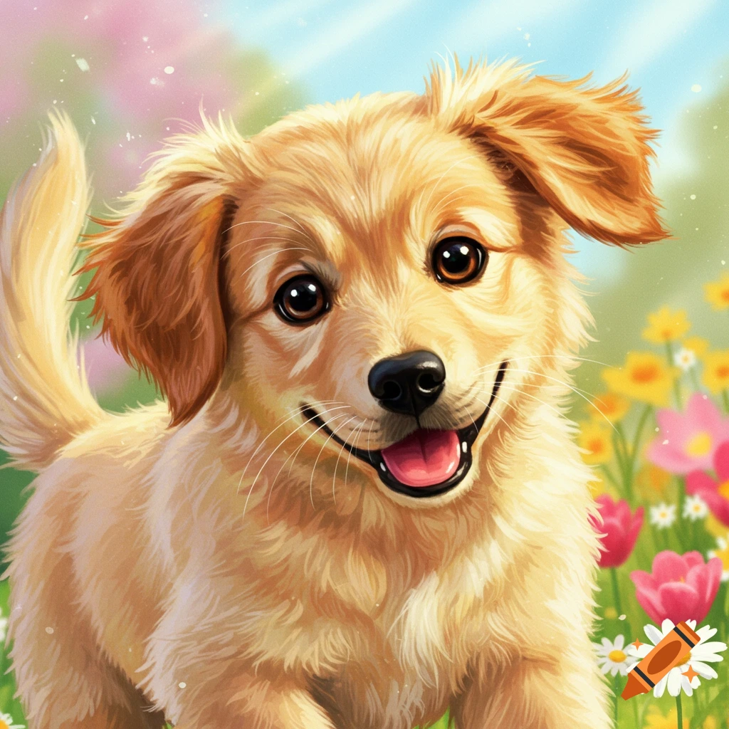 A cute golden puppy smiles in a field of colorful flowers.