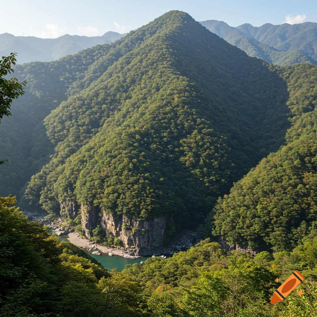 Lush green mountains slope down to a river in a valley.