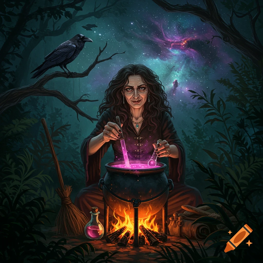 A witch stirring a glowing potion in a cauldron in a dark forest with a crow.