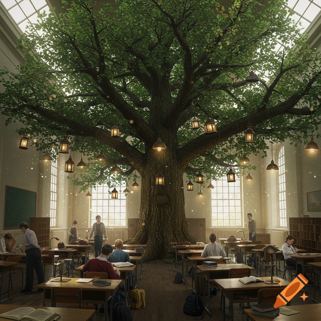 A classroom with a large tree growing in the center, its branches holding many lamps, and students seated at desks.