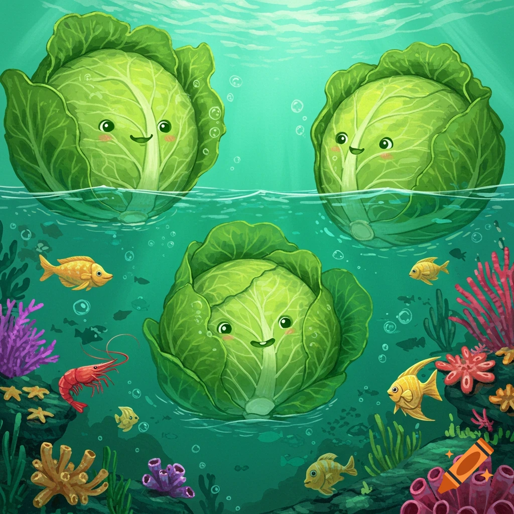 Three cute cabbages with faces float in the sea among fish and coral reef plants.